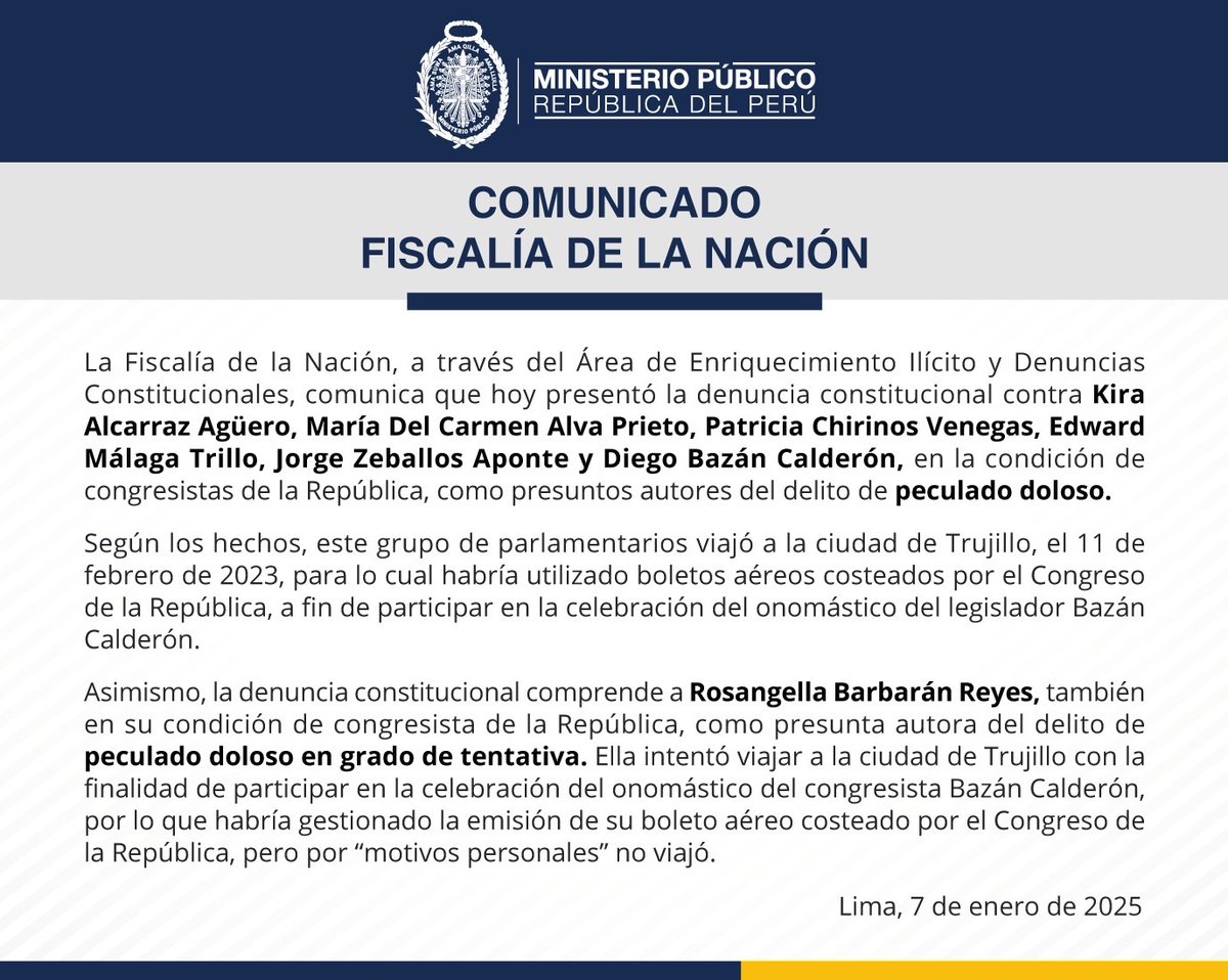 FiscaliaPeru's tweet photo. 📢 Fiscalía de la Nación, a través del Área de Enriquecimiento Ilícito y Denuncias Constitucionales, presentó denuncia constitucional contra Rosangela Barbarán, Kira Alcarraz, María Del Carmen Alva, Patricia Chirinos, Edward Málaga Trillo, Arturo Zeballos y Diego Bazán. https://t.co/Tq0hI08R14