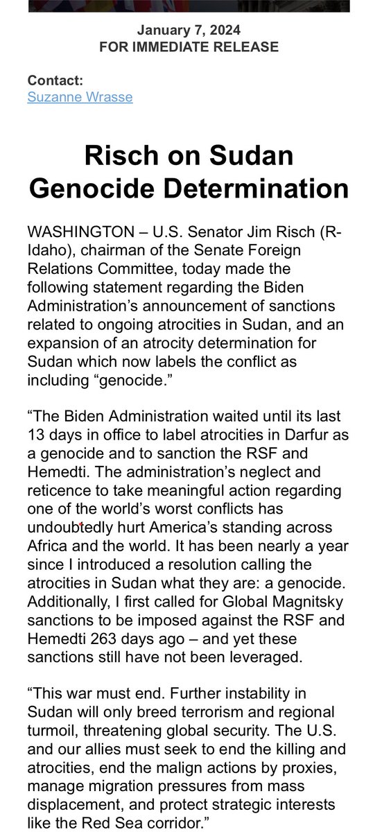 tomozeus's tweet photo. Chairman @SenateForeign Committee Jim Risch released a statement following the Biden Admin’s sanctions actions and #genocide determination for #Sudan. #KeepEyesOnSudan #GenocideInSudan 

https://t.co/wo8Ipjnh7l https://t.co/H6Adqdhd1W
