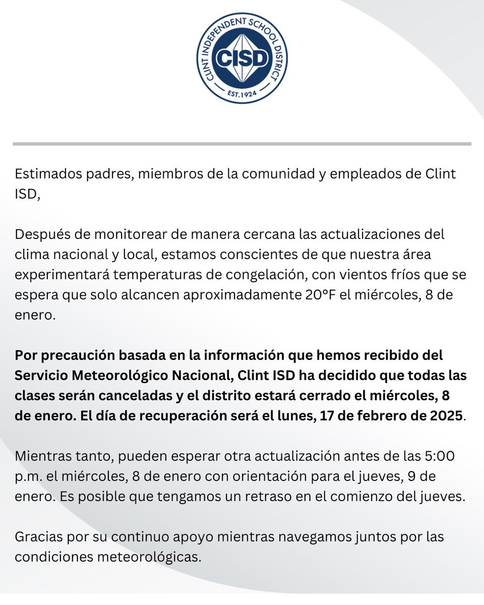 ClintISD's tweet photo. ⚠️ District Closure ⚠️

There will be no classes Wednesday, January 8, 2025.

Please read the information below. https://t.co/Zh8MGzfSe3