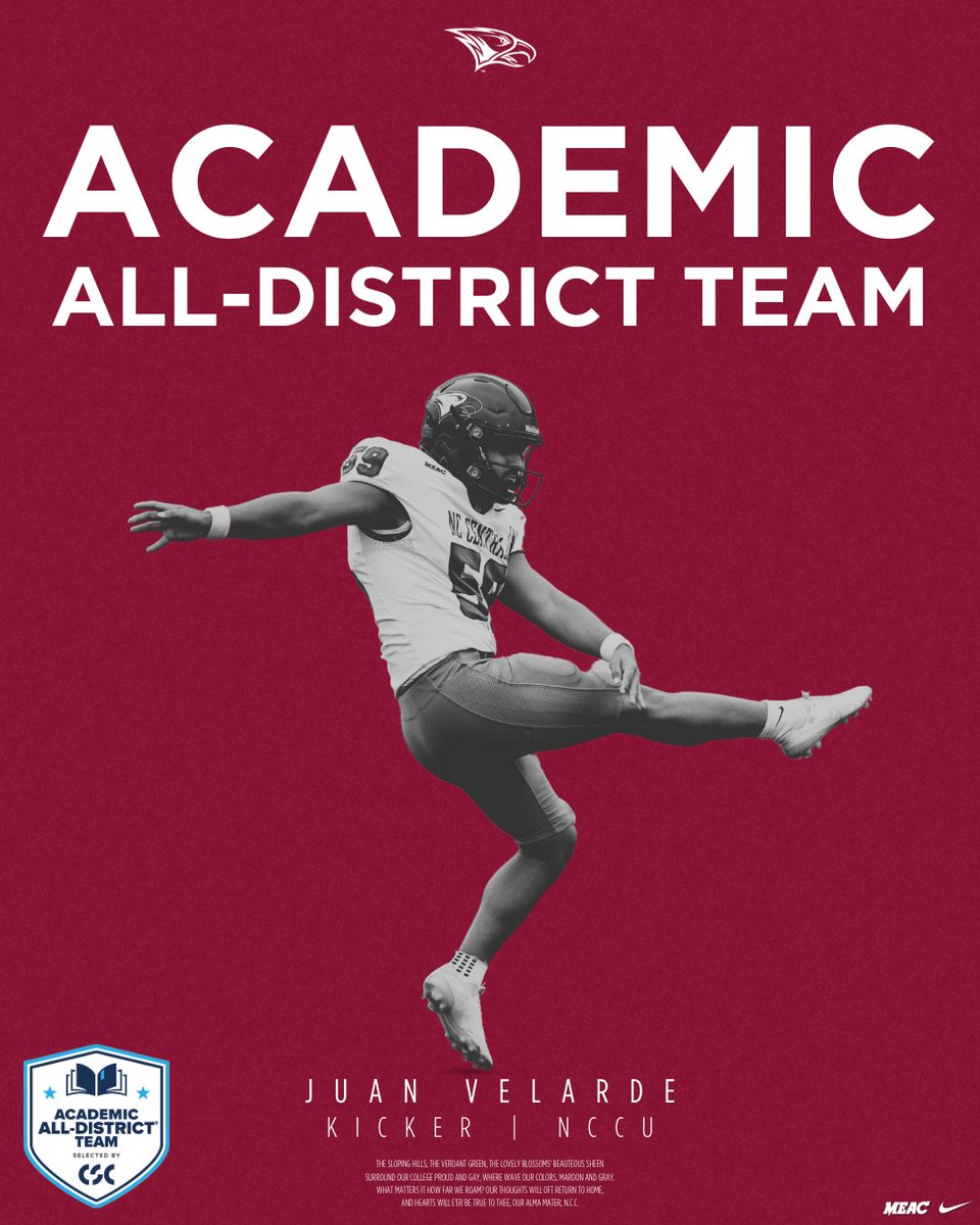 Congratulations to Juan Velarde on being selected to the Academic All-District Team by College Sport Communicators!

#NCCUAthletics #EaglePrideAmplified