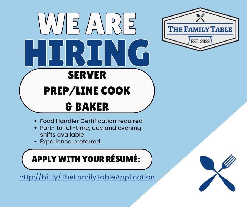🍳 We are looking to expand our staff! 🔪

How to Apply:
If you’re ready to join the Family, please apply here:
bit.ly/TheFamilyTable… or send us your resume and availability to thefamilytablefv@gmail.com