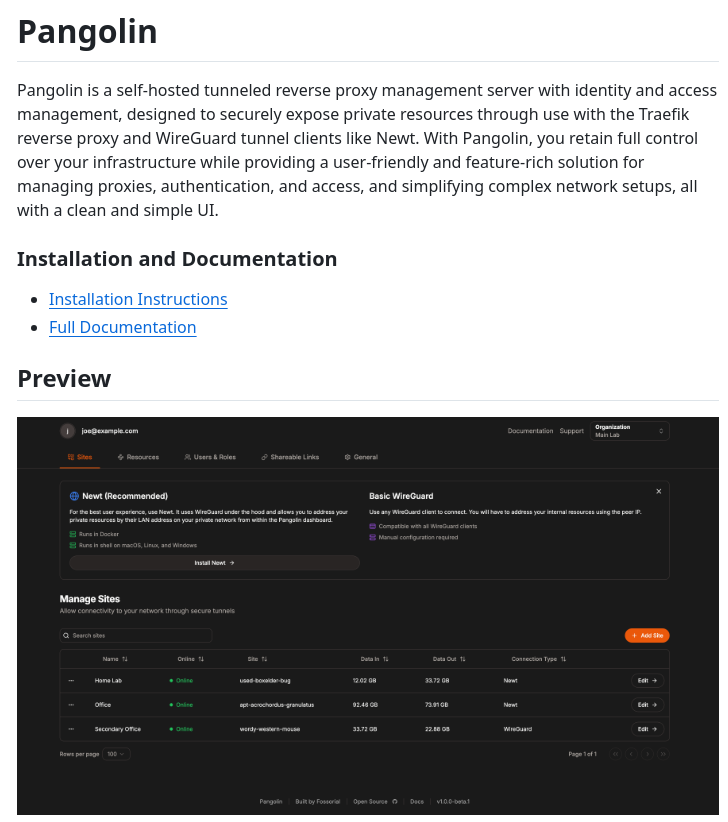 Pangolin is a self-hosted server for managing tunneled reverse proxies with WireGuard, Traefik, and centralized identity and access management