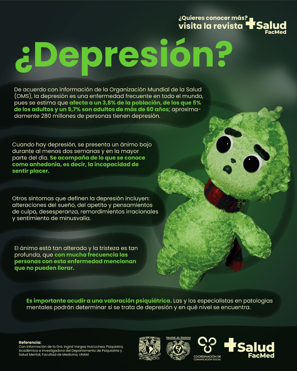 ❄️ La #depresión no es sólo tristeza. Si este invierno te sientes sin energía o incapaz de disfrutar, podría ser más que una fase. No ignores los síntomas y busca apoyo profesional🧠❤️‍🩹
⬇️ Consulta más información en: lc.cx/Ktsn8s 🔍
#MásSalud #SomosFacMed #SaludMental