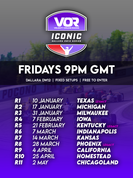 Starting this Friday: The VOR ICONIC Series

🏎️ [Legacy] Dallara DW12
🏁 An all-oval racing schedule
💸 Free To Enter
📺 Live Broadcasts!
🔗 discord.gg/Bb3nUgZeh8

#VORIndyCar | <a href="/P1Broadcasting/">P1 Broadcasting</a>