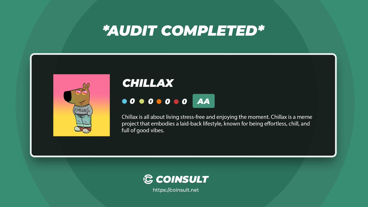 CoinsultAudits's tweet image. 🔒 AUDIT COMPLETED FOR CHILLAX

🎁 GIVEAWAY: $10 (48 hours)

1⃣ Follow @ImChillaxx &amp;amp; @CoinsultAudits
2⃣ Like + RT this tweet
3⃣ Place a comment 💬

Go check out the full project page of Chillax 👇
coinsult.net/projects/chill…

#giveaway #audit #smartcontract #cryptogiveaway #crypto…