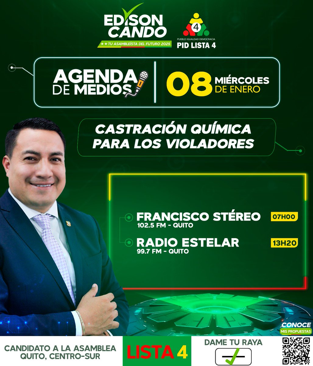 EdisonCandoEc's tweet photo. ¡Seguimos trabajando por un #Ecuador más seguro! 🚨🇪🇨

Mañana continuamos con nuestra #AgendaDeMedios para dialogar sobre una de nuestras propuestas clave: la castración química para violadores. 💉⚖️

📲 Conoce más sobre nuestras propuestas 👉🔗 https://t.co/1EUfSGc6Zu https://t.co/kC0BVPX5kE