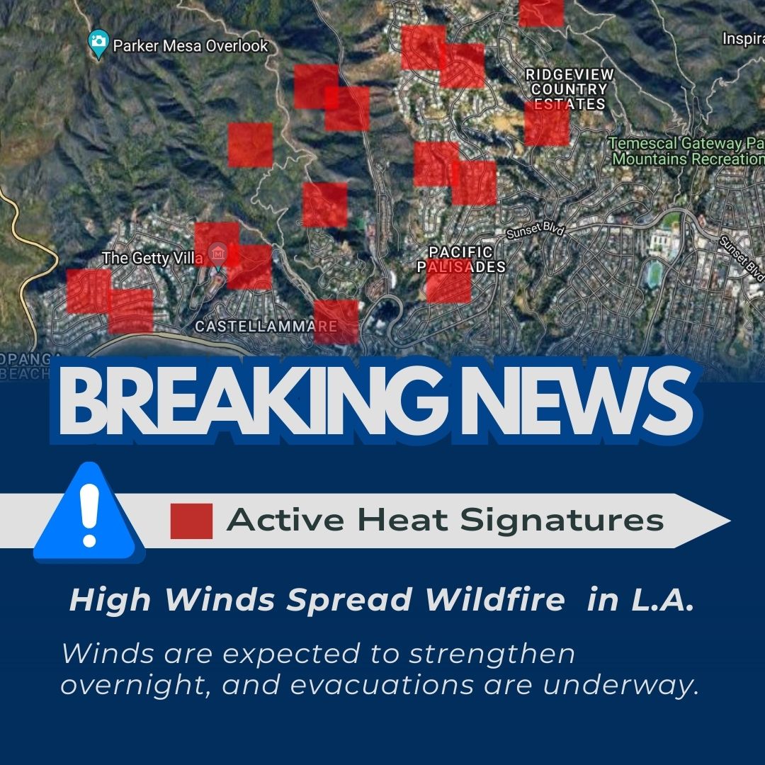 Earthvisionz's tweet photo. Sending support to everyone impacted by the fast-moving #PalisadesFire in LA. Over 200 firefighters are battling flames fueled by fierce #SantaAnaWinds across dry hillsides. https://t.co/j7QZf5pByH