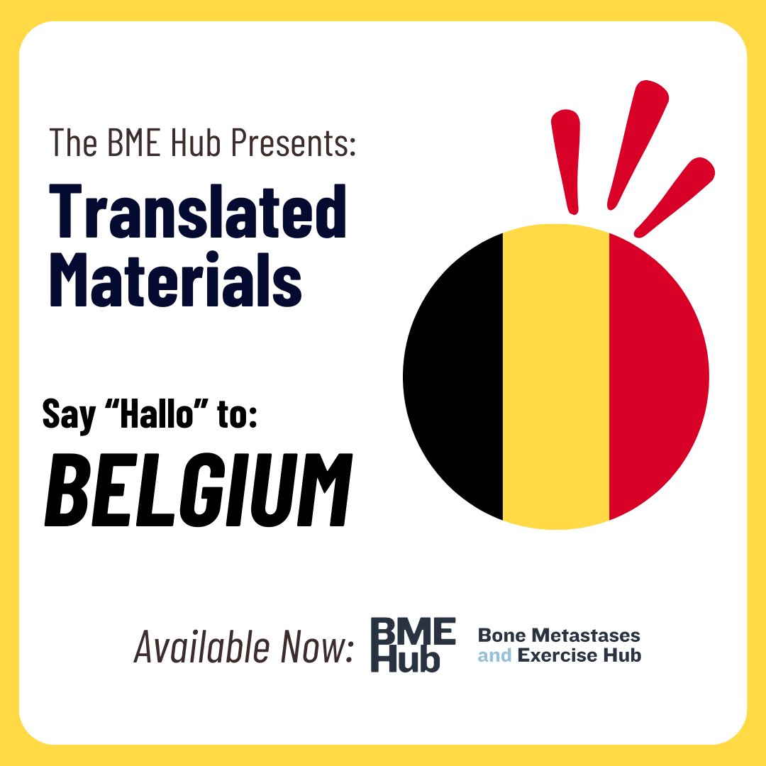 Cancer Exercise & Physiotherapy Lab (@cepl_ubc) on Twitter photo Translated materials are now available for our Belgian audience on the BME Hub. Explore the resources via the link in our bio.
Want to see BME materials for your country? Reach out to us via owen.chen@ubc.ca to discuss🌍 #BMEHub #BoneMetastases Translated materials are now available for our Belgian audience on the BME Hub. Explore the resources via the link in our bio.
Want to see BME materials for your country? Reach out to us via owen.chen@ubc.ca to discuss🌍 #BMEHub #BoneMetastases