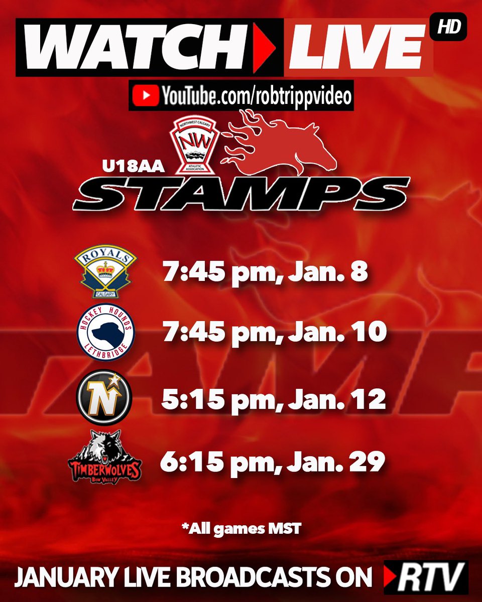 Watch 4 Stamps U18AA hockey games LIVE on RTV in January
📺bit.ly/robtrippvideo
#stamps #hockey #livestream