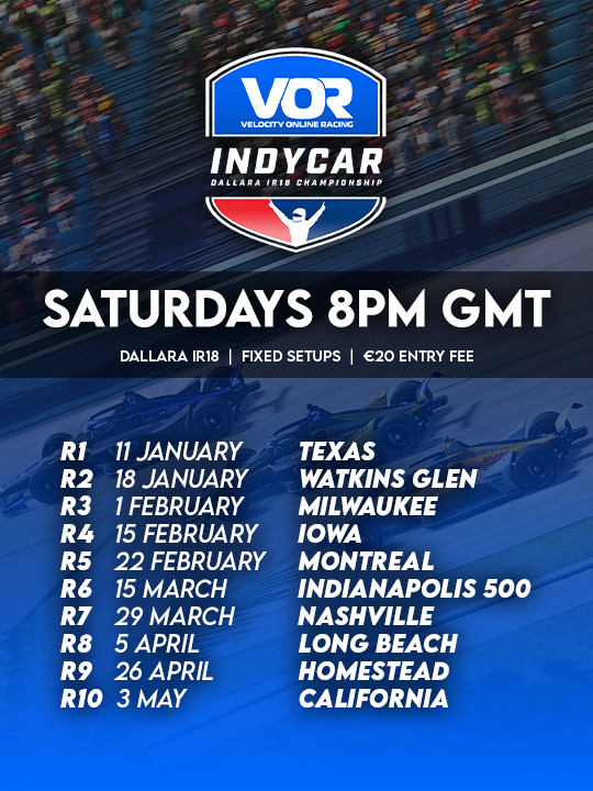 Starting this Saturday!

The VOR IndyCar Championship at Texas Motor Speedway.
🏎️ Dallara IR18
🏁 An all-oval racing schedule
💸 €20 To Enter
📺 Live Broadcasts!
🔗 discord.gg/Bb3nUgZeh8

#VORIndyCar | <a href="/P1Broadcasting/">P1 Broadcasting</a>