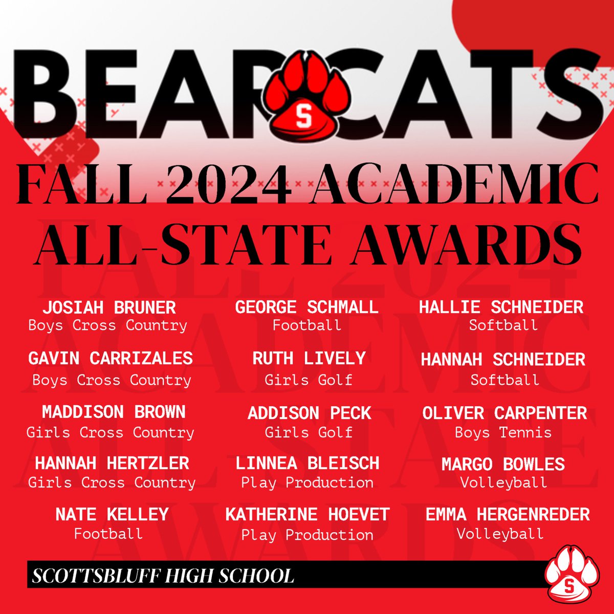 activities_shs's tweet photo. Congratulations to these outstanding Bearcats on receiving Fall 2024 Nebraska Academic All-State Awards. The NSAA and the NCPA recognize nominated students for their individual academic excellence, leadership, and significant contributions in their NSAA activity. #BearcatPride https://t.co/KGEkHllDmn