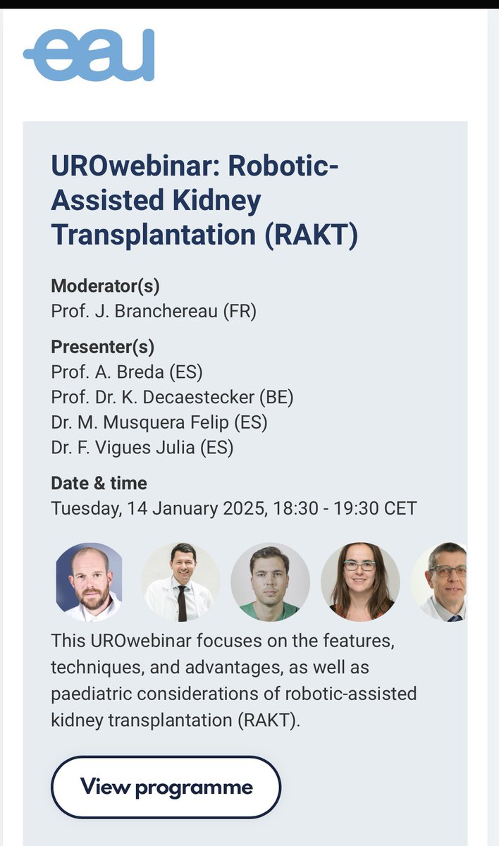 Julien Branchereau,MD,PhD (@branchereauju) on Twitter photo Looking forward to seeing you for this exciting webinar! See you on January 14th !
<a href="/mireiamusquera/">MMusquera</a> <a href="/AlbertoBreda1/">Alberto Breda</a> <a href="/KarelDecaestec1/">Karel Decaestecker</a>
<a href="/UrowebESU/">European School of Urology (EAU ESU)</a> <a href="/Uroweb/">European Association of Urology (EAU)</a> Looking forward to seeing you for this exciting webinar! See you on January 14th !
<a href="/mireiamusquera/">MMusquera</a> <a href="/AlbertoBreda1/">Alberto Breda</a> <a href="/KarelDecaestec1/">Karel Decaestecker</a>
<a href="/UrowebESU/">European School of Urology (EAU ESU)</a> <a href="/Uroweb/">European Association of Urology (EAU)</a>