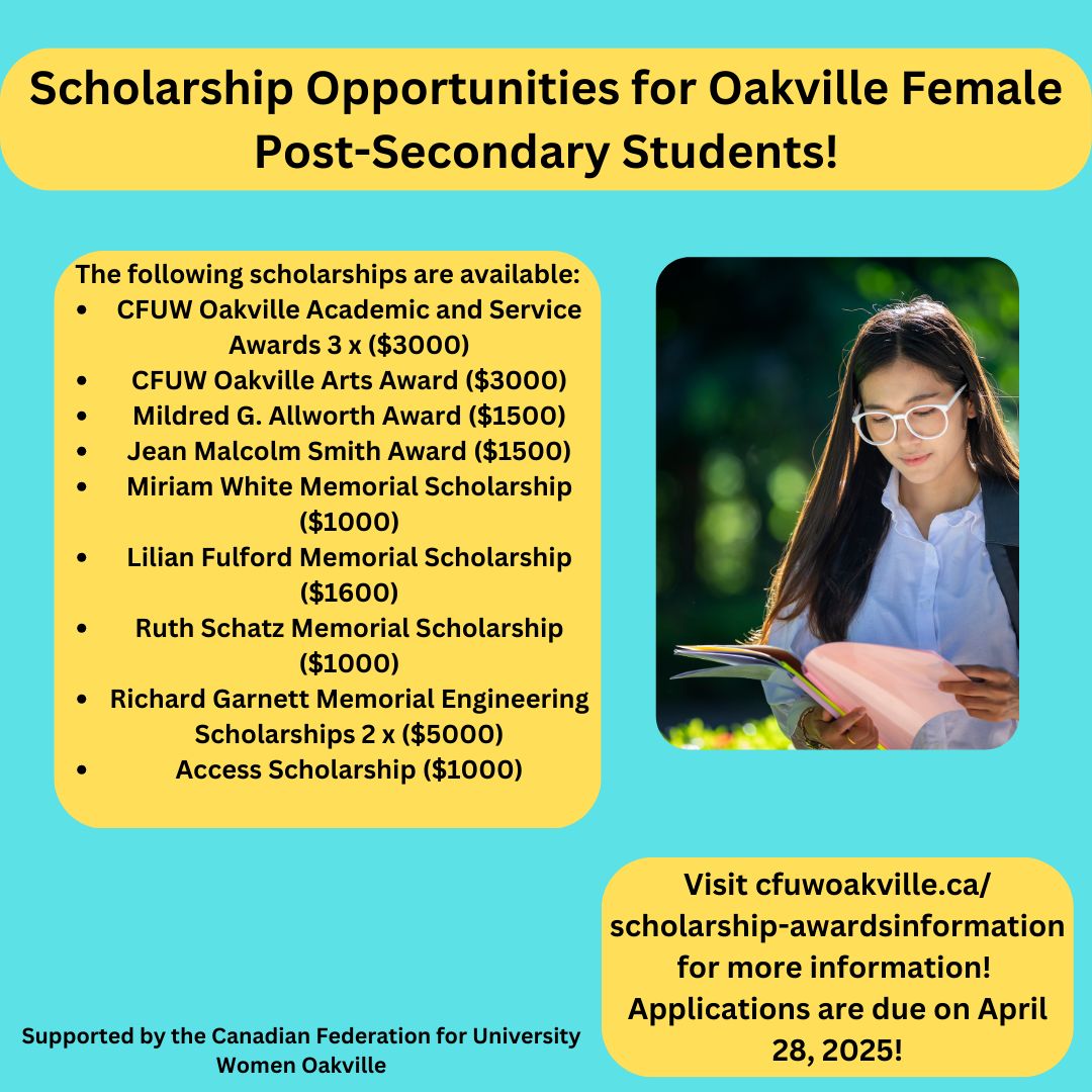There are many scholarships available for female post-secondary students living in Oakville. Apply for scholarships and learn more at buff.ly/33EqQp0. Applications are due on April 28th! Good luck!