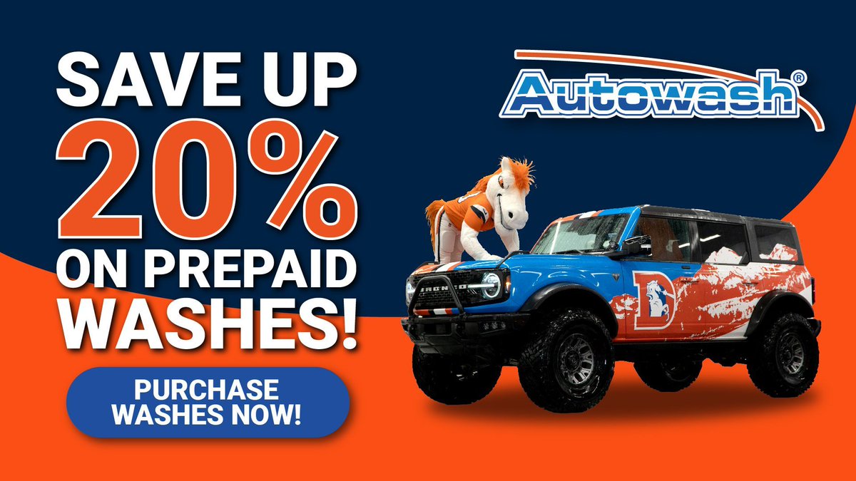 🏈 Broncos fans save up to 20% on wash bundles at Autowash! 

Available exclusively in the Autowash app » buff.ly/4j35erx 

Ends 2/2/25! 

#BroncosCountry x #Autowash