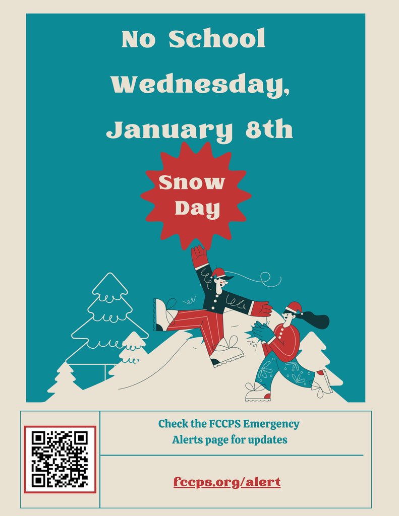 ❄️ FCCPS CLOSED Wed 1/8. All schools, activities &amp; daycare are closed. Central Office staff and school administrators report when safe. Updates: fccps.org/alert #FCCPS #VAweather