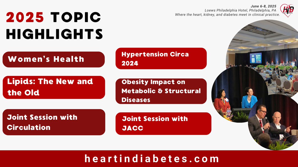 Take a look at a sneak peek of upcoming sessions for the 9th Annual Heart in Diabetes in June. Register now for #EarlyBird rates and stay tuned for more sessions to come!

Register at heartindiabetes.com/registration and earn #CME credits.

#HID25 #9HID #HeartinDiabetes #CME