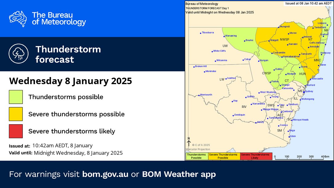 Thunderstorm FORECAST for today
These may be slow moving and could bring moderate to heavy rainfall to the eastern parts of the yellow area.
Damaging winds and large hail can't be ruled out with heavy rain for northern inland parts in yellow.
Details: ow.ly/SrnJ50UBymr