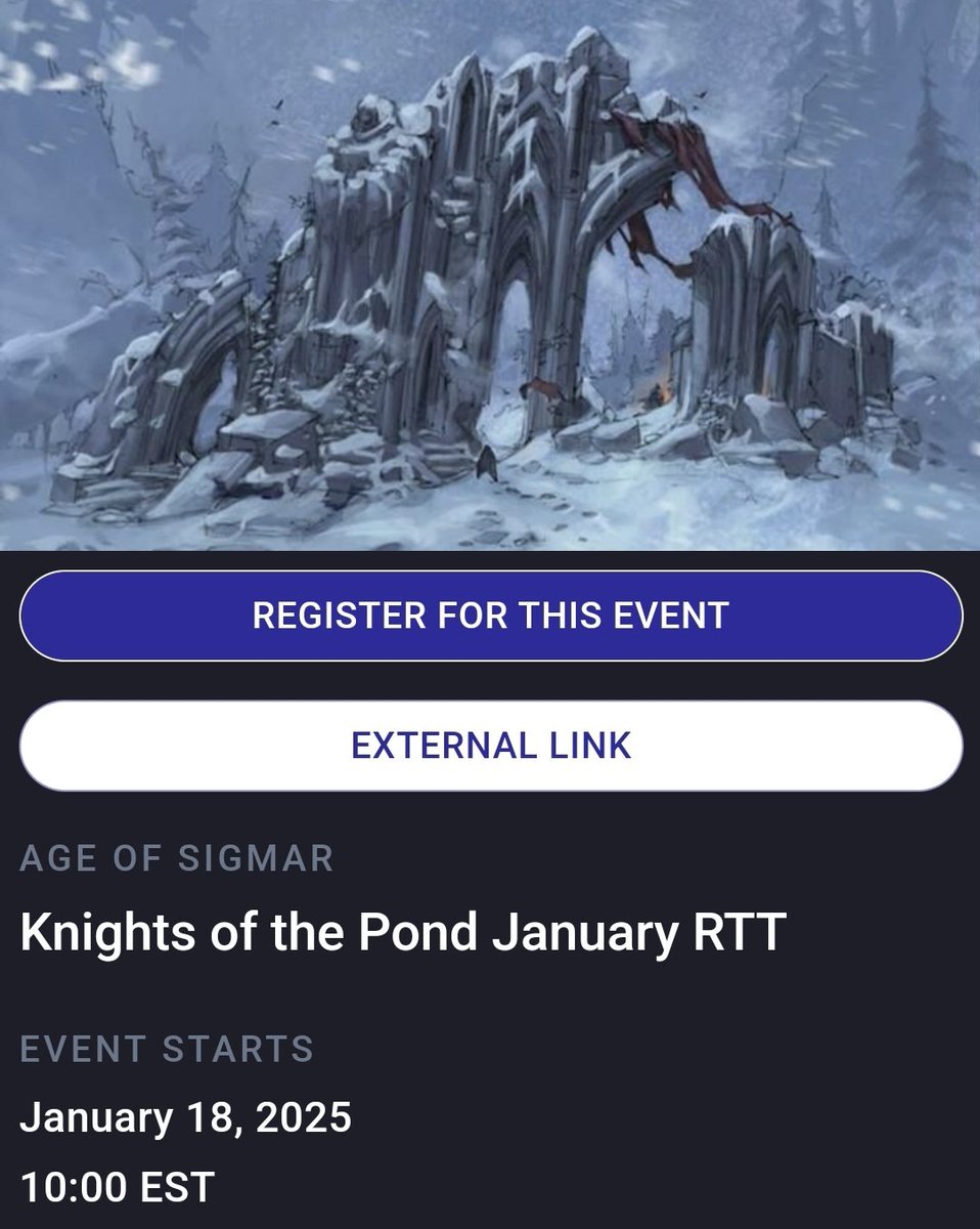 🦆January AOS RTT ▶️  Saturday 18 at 10:00 - 19:00 ▶️ Bazooka Games 
Registration: bestcoastpairings.com/event/EG8PHhbU…

Missions✨️
Round 1: Feral Foray
Round 2: Close to the Chest
Round 3: Jaws of Gallet

#AgeOfSigmar #WarhammerCommunity