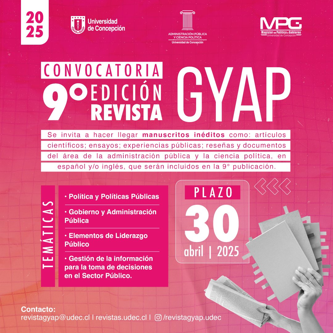 Ya estamos recepcionando aportes para el siguiente número de nuestra revista. Envia tus aportes para el siguiente número que publicaremos el 2025. gyap.udec.cl