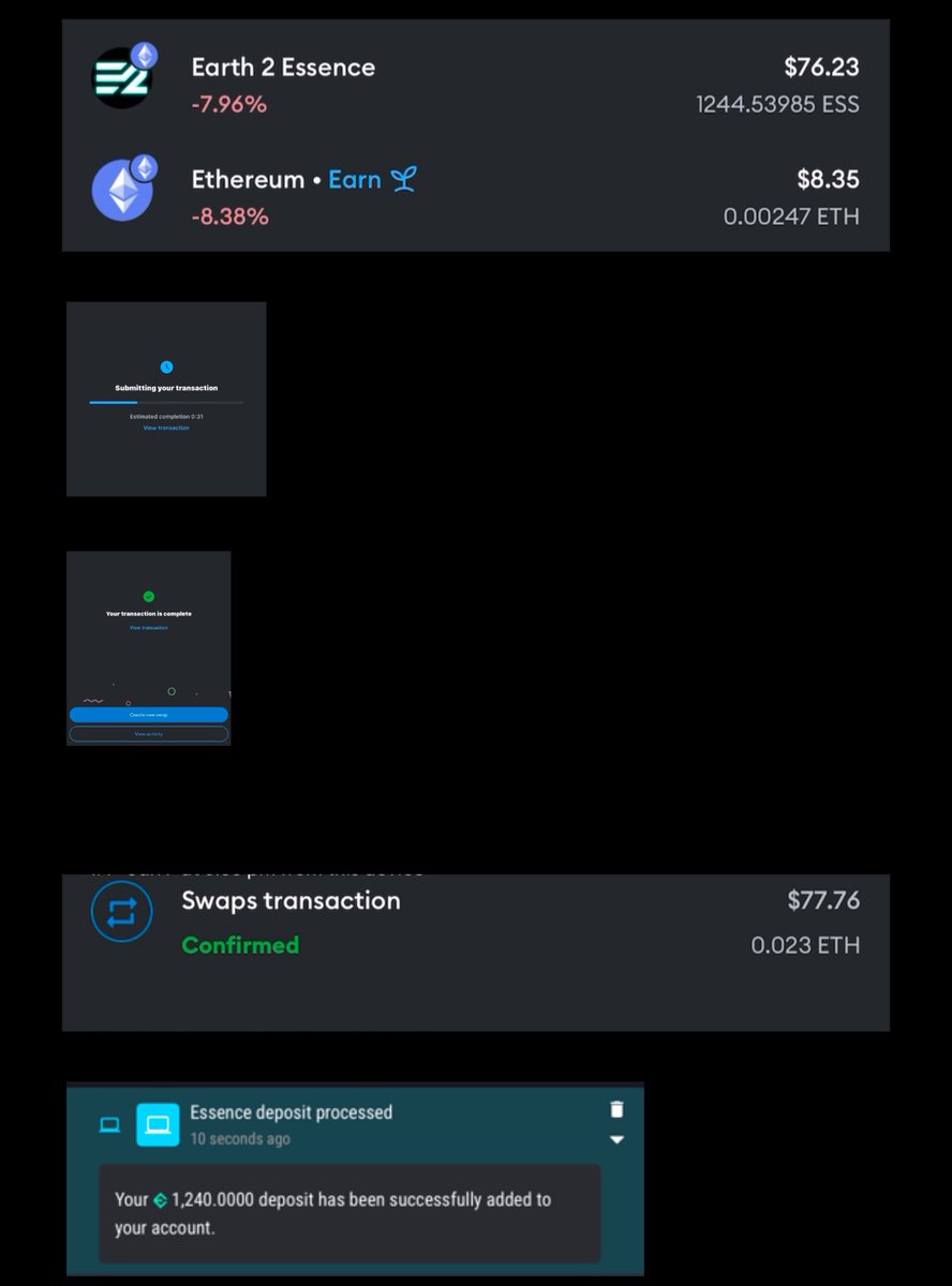 maclsandent's tweet image. It’s now easier to purchase Essence. Just confirmed that $ESS can be swapped with crypto within MetaMask. The picture below is an ESS/ETH swap which was then successfully deposited into my Earth2 account. PS. Be sure to Confirm that you are trading the CORRECT crypto. #ESS 🌎✌🏾