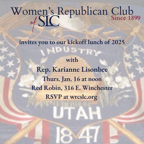 WRCSLCofficial's tweet photo. Please join us for our 2025 kickoff lunch with Rep. Karianne Lisonbee!

RSVP at https://t.co/U5zXH6Bno2 https://t.co/VYiwaE2t7i