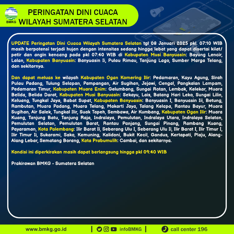 infoBMKG's tweet photo. Update Peringatan Dini Cuaca Wilayah - Sumatera Selatan Tgl. 08 Januari 2025 pkl. 07:40 WIB
Prakirawan - BMKG - Sumatera Selatan
https://t.co/u89ZeoBflb https://t.co/oiLglmGw9i