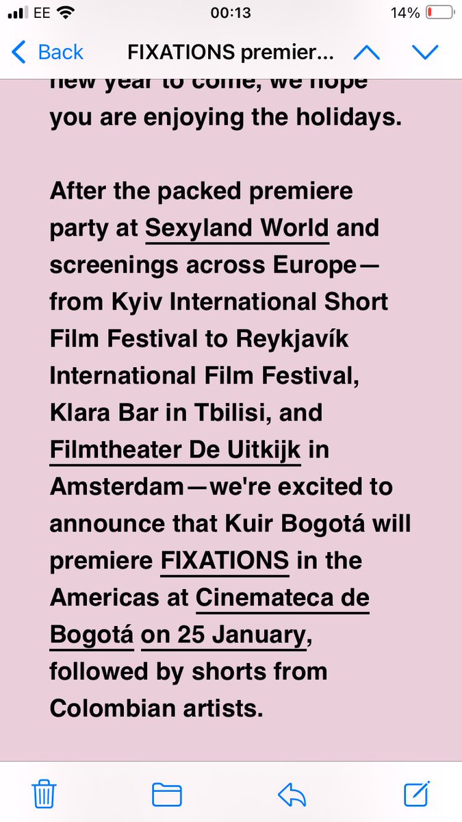 My next international film screening is in Bogotá, Colombia on Jan 25 as part of the internationally touring FIXATIONS programme I was selected to be part of curated by The One Minutes and BUTT Magazine <a href="/buttmagazine/">BUTT</a> <a href="/theoneminutes/">The One Minutes</a>