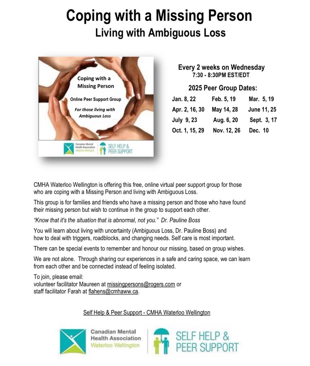 Dr. Lorna Ferguson (@drlornaferguson) on Twitter photo Just released: 2025 "Coping with a Missing Person" Peer Support Group session information.
Thanks to Canadian Mental Health Association Waterloo Wellington Self Help and Peer Support dedicated staff and volunteer facilitators and <a href="/MaureenTrask/">Maureen Trask</a> for their work on providing this Just released: 2025 "Coping with a Missing Person" Peer Support Group session information.
Thanks to Canadian Mental Health Association Waterloo Wellington Self Help and Peer Support dedicated staff and volunteer facilitators and <a href="/MaureenTrask/">Maureen Trask</a> for their work on providing this
