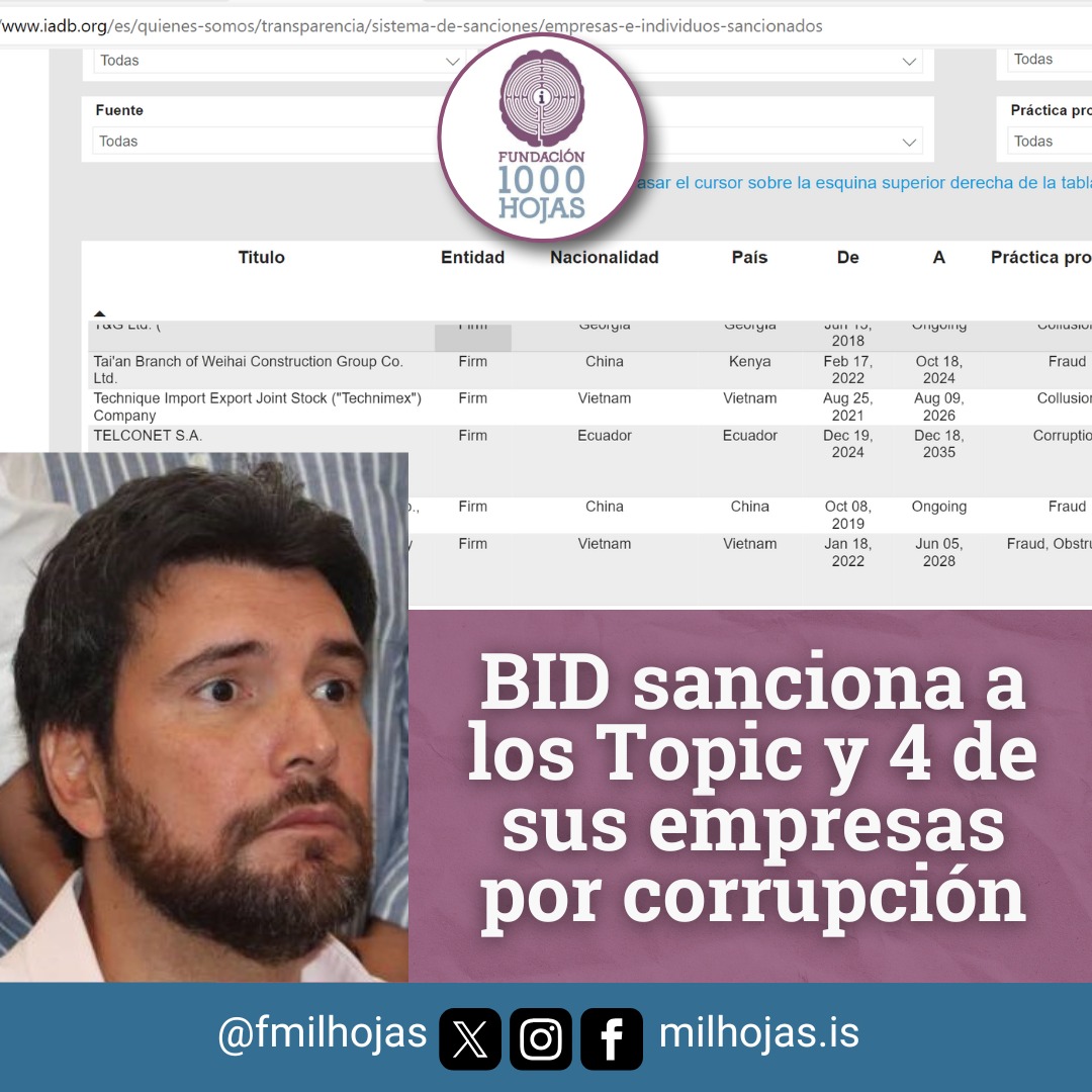 fmilhojas's tweet photo. #ATENCIÓN | 📣 Sanción por prácticas corruptas. Esa fue la decisión tomada por el #BID respecto a #JanTopic, #TomislavTopic y 4 empresas de su grupo corporativo.

Las empresas sancionadas por el Banco Interamericano de Desarrollo (BID) son Telconet S. A, Megadatos S. A., Cable Andino S. A. Corpandino y Cable Andino USA Inc.

El Comité de Sanciones del Grupo BID les impuso a los mencionados una inhabilitación con liberación condicional por incurrir en prácticas corruptas.

Esa decisión les impide acceder a financiamiento por parte del BID hasta 2035, pese a que este organismo es una de las principales fuentes de financiamiento para proyectos de desarrollo en #AméricaLatina y #ElCaribe, según publicaciones de medios ecuatorianos.

El propósito de este tipo de sanciones es prevenir y disuadir las prácticas prohibidas en las actividades financiadas por el Grupo BID.

En un comunicado difundido hoy, #Telconet considera que las supuestas irregularidades son inexistentes, que se trata de un castigo más reputacional, que esta sanción solo es administrativa y no tiene impacto fuera del organismo financiero, por lo que apelará la decisión.

Además, la Agencia de Regulación y Control de las Telecomunicaciones (#Arcotel) declaró el 19 de noviembre de 2024 la extinción del título habilitante que permite a la compañía Cable Andino operar un cable submarino que provee de internet y transmite datos en ..

De acuerdo con la Arcotel, Cable Andino incurrió en algunas irregularidades como "la ausencia de la garantía de fiel cumplimiento, seguro para todo riesgo, la ausencia de una viabilidad financiera para el inicio de su operación y la existencia de un examen especial con conclusiones por parte de la Contraloría General del Estado (CGE)".
