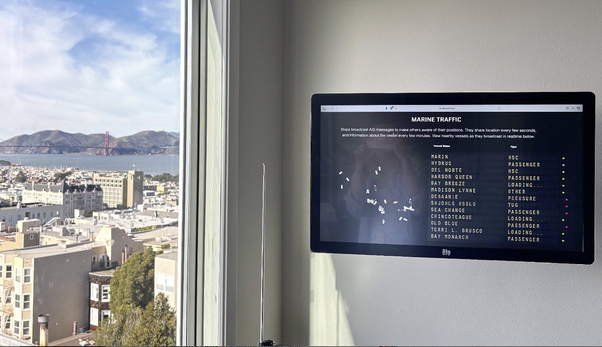 CatOrman1's tweet image. update: we moved into a an apartment in SF with the most beautiful view of the ships passing under the golden gate bridge
so we put up an AIS antenna and a monitor so we can see what their names are