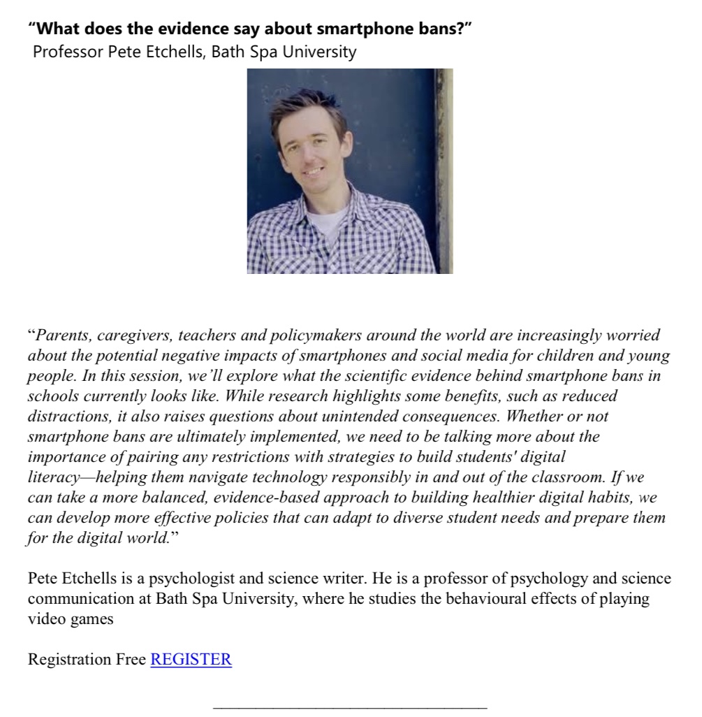 Learnus (@learnusuk) on Twitter photo UPCOMING WEBINAR 🚨 🚨
“What does the evidence say about smartphone bans?” 🎙️ · 👨🏻🏫 · 💡. 🎤.
Join Prof <a href="/PeteEtchells/">Prof Pete Etchells</a> to discuss scientific evidence behind smartphone bans 📱
🗓️ 22 Jan
🕔 4 PM
🔗 tinyurl.com/48xxnmmf
<a href="/UoL_CEN/">Centre for Educational Neuroscience</a> <a href="/UCL_IOE_PHD/">UCL IOE Psychology and Human Development</a> <a href="/BathSpaUni/">Bath Spa University</a> UPCOMING WEBINAR 🚨 🚨
“What does the evidence say about smartphone bans?” 🎙️ · 👨🏻🏫 · 💡. 🎤.
Join Prof <a href="/PeteEtchells/">Prof Pete Etchells</a> to discuss scientific evidence behind smartphone bans 📱
🗓️ 22 Jan
🕔 4 PM
🔗 tinyurl.com/48xxnmmf
<a href="/UoL_CEN/">Centre for Educational Neuroscience</a> <a href="/UCL_IOE_PHD/">UCL IOE Psychology and Human Development</a> <a href="/BathSpaUni/">Bath Spa University</a>