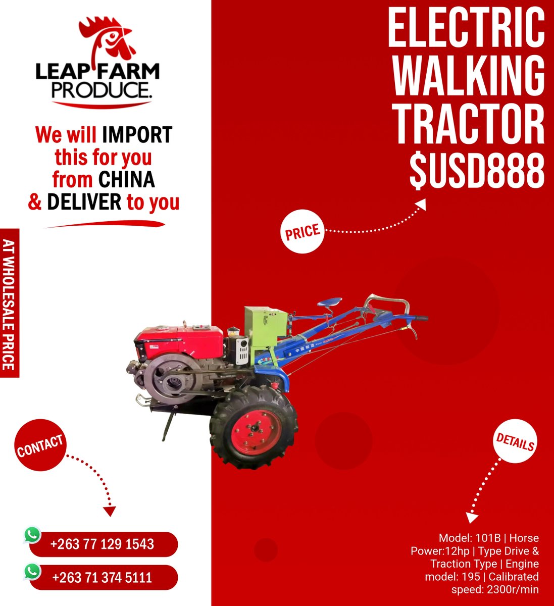 LeapFarmProduce's tweet image. 🌾 Revolutionize farming with our Electric Walking Tractor! Model 101B, 12hp, electric motor. Perfect for plowing &amp;amp; tilling tasks. Advanced, efficient &amp;amp; ready to work. 🚜 Inquire or order via our WhatsApp! #ElectricTractor #SmartFarming
