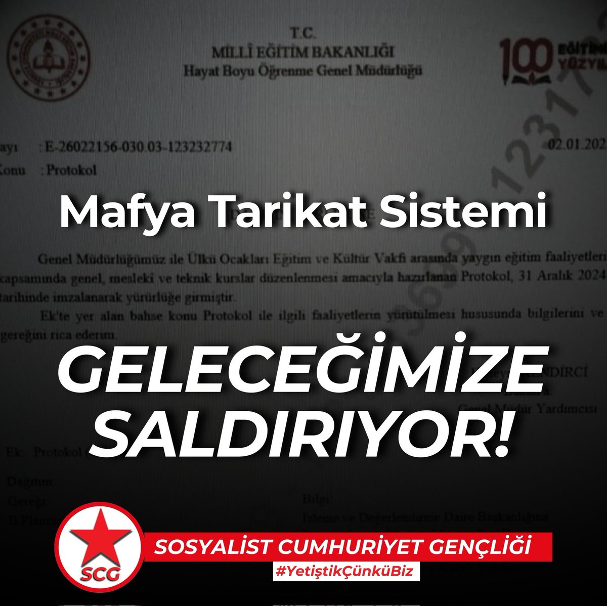 Mafya Tarikat Sistemi
Geleceğimize Saldırıları Sürdürüyor! 

Mafya Tarikat sisteminin toplumu "kulluk ve fedailik" anlayışı ile dönüştürme çabası, eğitimde de kendini göstermeyi sürdürüyor. Eğitimin bilimsel, laik ve kamucu niteliklerini yok eden AKP iktidarı, ÇEDES ile başlayan