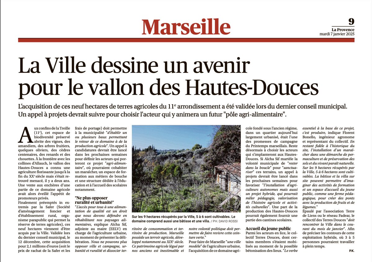 🌟#Goodnews de #Marseille🌟
9 ha - soit 13 terrains⚽️- du vallon des Hautes-Douces 11e sauvés du béton! 
Futur pôle agri-alimentaire avec maraîchage, #pédagogie et #biodiversité.
Une avancée pour réconcilier ruralité + urbanité! 
Un projet porté par <a href="/aicha_sif/">Aïcha Sif</a> adjte à <a href="/marseille/">Ville de Marseille</a>
