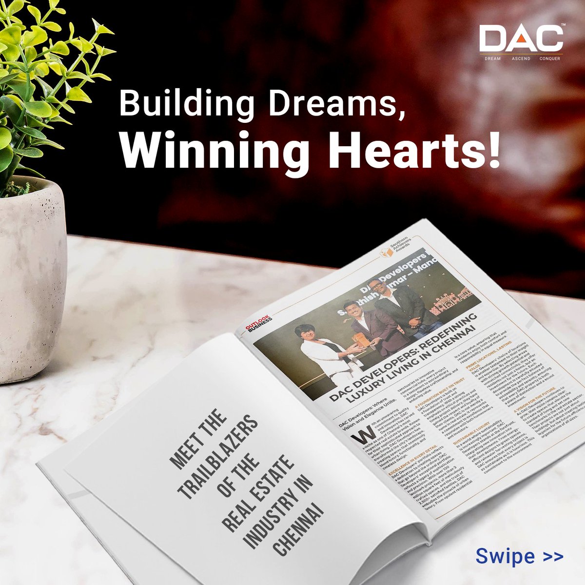 dac_developers's tweet image. DAC is honoured to be recognized as the &quot;Most Preferred Brand&quot; in the real estate sector by the Southern Achievers Awards, held in Chennai for the first time ever and to be featured in the esteemed Outlook Business Magazine.
Here’s to the celebration!
#DACDevelopers #outlookaward