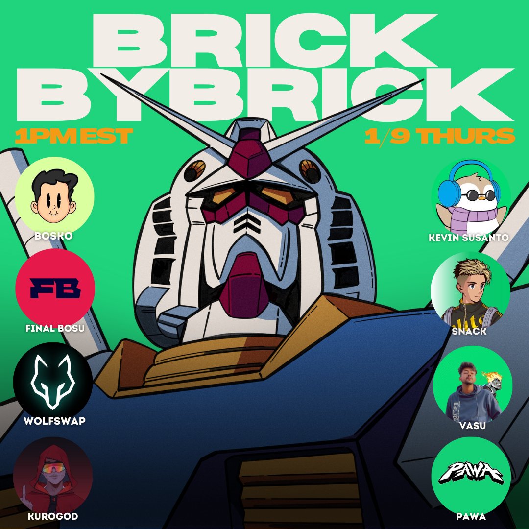 BAWSA (@jbawsa) on Twitter photo BRICK BY BRICK RETURNS W/ MORE GIFTS 🎁
Tomorrow, we will be giving away:
• @BoskoAbstract 1 WL
• <a href="/finalbosuX/">Finalbosu</a> 1 WL
• <a href="/onchainheroes/">Onchain Heroes | Idle RPG</a> 1 WL
• <a href="/PAWAverse/">PAWAVERSE</a> 3 WL
• <a href="/MarketElites/">Market Elites</a> 1 Merch GA
To enter, make sure to:
• Follow myself + the projects mentioned
• RT, like + comment BRICK BY BRICK RETURNS W/ MORE GIFTS 🎁
Tomorrow, we will be giving away:
• @BoskoAbstract 1 WL
• <a href="/finalbosuX/">Finalbosu</a> 1 WL
• <a href="/onchainheroes/">Onchain Heroes | Idle RPG</a> 1 WL
• <a href="/PAWAverse/">PAWAVERSE</a> 3 WL
• <a href="/MarketElites/">Market Elites</a> 1 Merch GA
To enter, make sure to:
• Follow myself + the projects mentioned
• RT, like + comment
