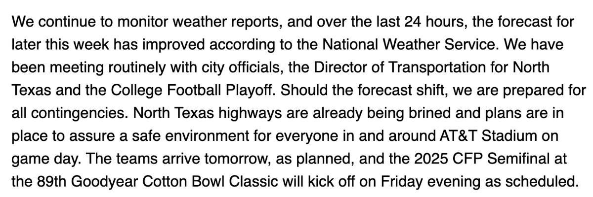 For those concerned about Friday's Ohio State-Texas game... here's the statement from the Cotton Bowl:
