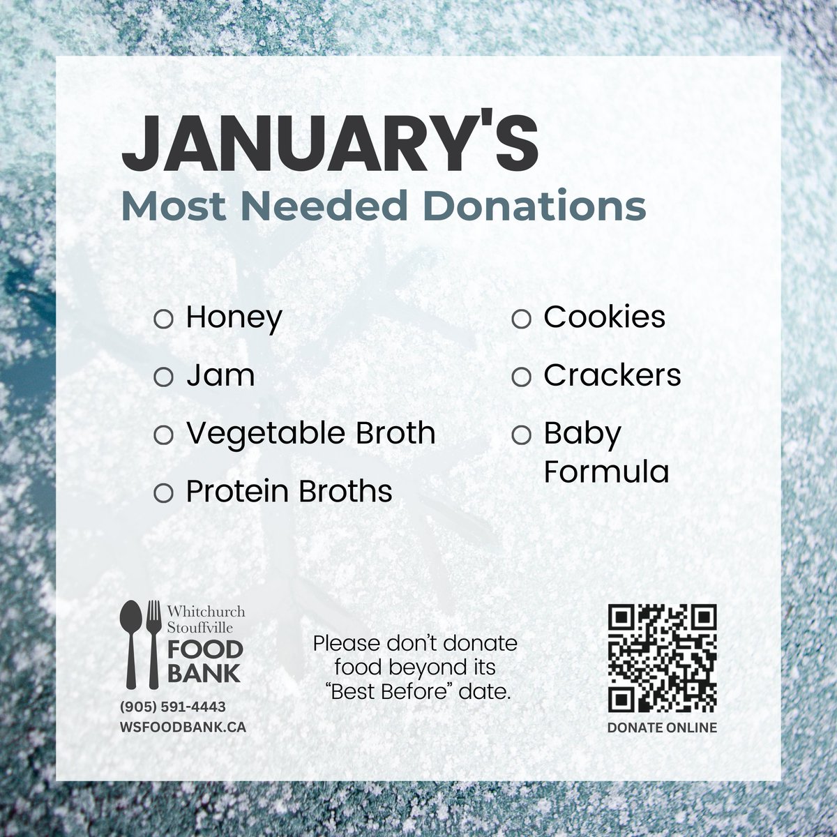 As you shop this January, why not pick up a few of our most needed food items?

Every donation helps us provide complete meals to those in need, and most local grocery stores have donation bins where you can drop them off on your way out.

Thank you for your support!

#FeedWS