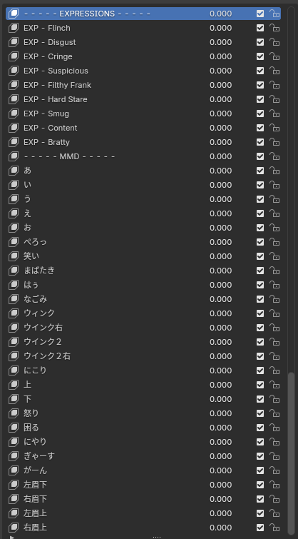 Bvnny update WIP, working on a bunch of more shapekeys, including fixed + additional upper and lower lids, some premade expressions, and a plethora of MMD related shapekeys
