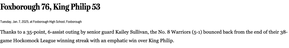 Graham Dietz (@graham_dietz) on Twitter photo Incredible showing out of <a href="/kaileysull24/">Kailey Sullivan</a> in a bounce-back win tonight against King Philip to get the No. 8 Warriors back on track.
She threw up 35 points in the league win and also paced Foxboro with 6 assists.
<a href="/GlobeSchools/">Boston Globe Schools</a> <a href="/ldowns30/">Lisa Downs</a> <a href="/FoxboroWarrior/">Foxborough Warriors AD</a> Incredible showing out of <a href="/kaileysull24/">Kailey Sullivan</a> in a bounce-back win tonight against King Philip to get the No. 8 Warriors back on track.
She threw up 35 points in the league win and also paced Foxboro with 6 assists.
<a href="/GlobeSchools/">Boston Globe Schools</a> <a href="/ldowns30/">Lisa Downs</a> <a href="/FoxboroWarrior/">Foxborough Warriors AD</a>