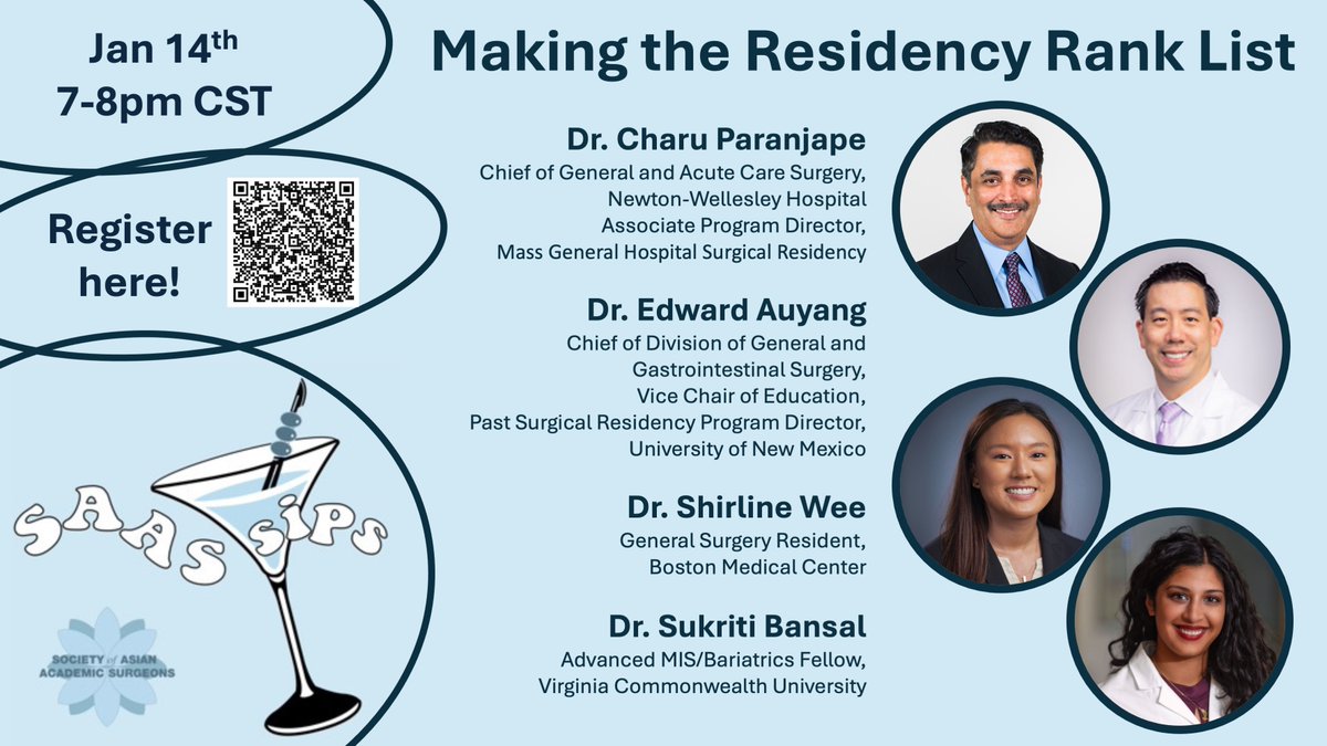 SocAsianAcadSurg (@asianacadsurg) on Twitter photo Don't miss our next medical student SAAS Sips event on ‘Making the Residency Rank List’ with Drs. <a href="/CharuParanjape/">Charu Paranjape</a>, <a href="/EdwardAuyang/">Edward Auyang</a>, <a href="/SukritiBansalMD/">Sukriti Bansal</a>, and Shirline Wee happening tomorrow Jan 14th 7pm CST/8pmEST!
Register here: forms.gle/dXdgmnZqhgvsed… Don't miss our next medical student SAAS Sips event on ‘Making the Residency Rank List’ with Drs. <a href="/CharuParanjape/">Charu Paranjape</a>, <a href="/EdwardAuyang/">Edward Auyang</a>, <a href="/SukritiBansalMD/">Sukriti Bansal</a>, and Shirline Wee happening tomorrow Jan 14th 7pm CST/8pmEST!
Register here: forms.gle/dXdgmnZqhgvsed…
