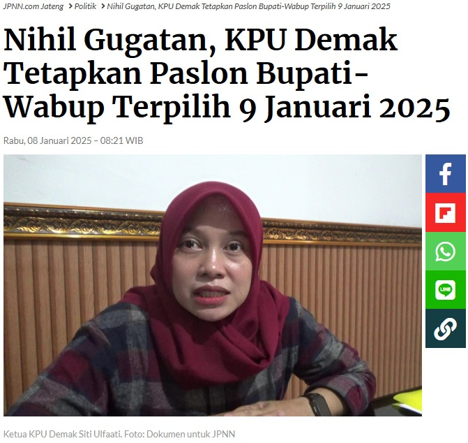 monicaeducalan's tweet photo. Nihil Gugatan, KPU Demak Tetapkan Paslon Bupati-Wabup Terpilih 9 Januari 2025
https://t.co/TlkXpCslzs
#Pilkada2024AmanDamai
#SukseskanPilkada2024
#Pilkada2024kondusif
#StopPolitikIdentitas
#PemiluTanpaPolitikIdentitas https://t.co/mABAJPnEaX