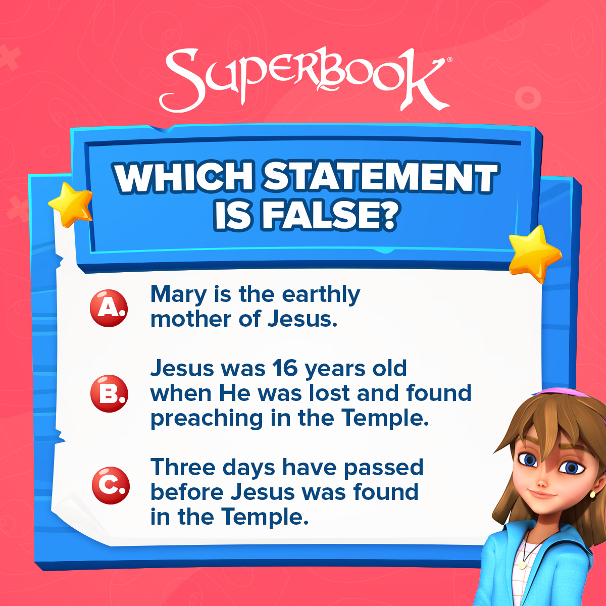 SuperbookTV's tweet image. Parents, gather your little ones and have fun guessing #WhichStatementIsFalse. 🎉

Host a Superbook Season 5 marathon with your family! Tap here to get FREE streaming access ➡️ superbookgo.com #BibleGames #BibleTrivia #TwitterGames