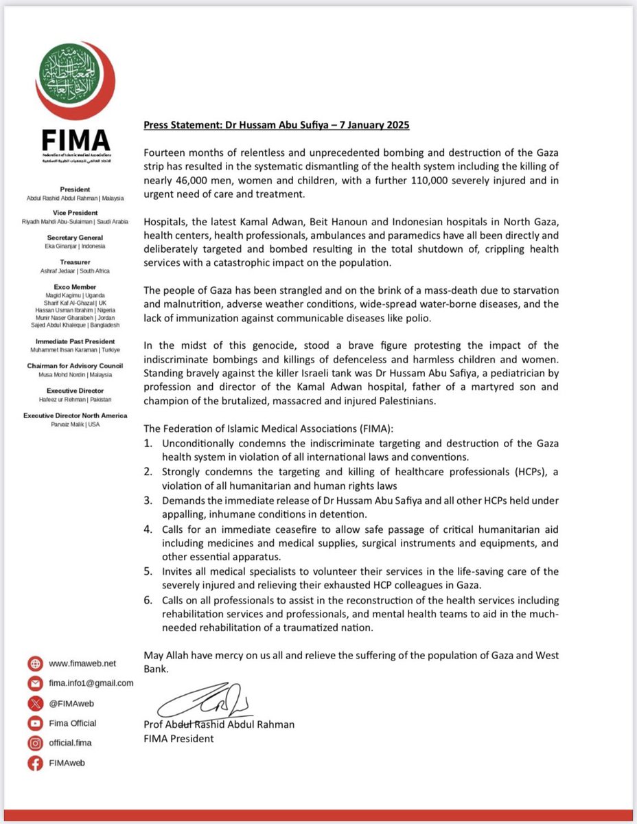 1. FIMA unconditionally condemns the destruction of the Gaza health system in violation of all international laws
2. FIMA strongly condemns the targeting and killing of healthcare professionals
3. FIMA demands the immediate release of Dr Hussam Abu Safiya and all other HCPs