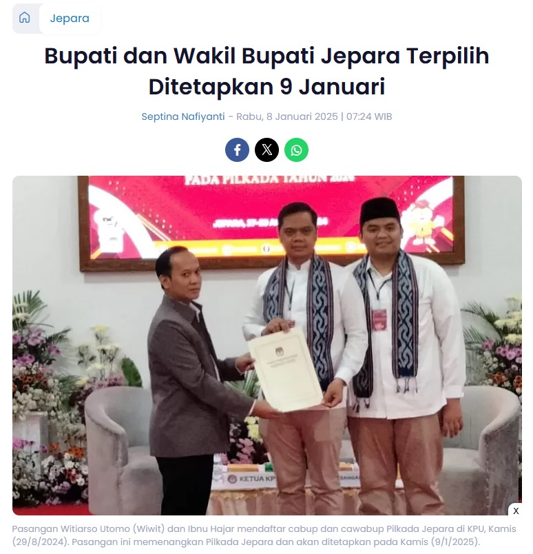 monicaeducalan's tweet photo. Bupati dan Wakil Bupati Jepara Terpilih Ditetapkan 9 Januari
https://t.co/38YPgTubQr
#Pilkada2024AmanDamai
#SukseskanPilkada2024
#Pilkada2024kondusif
#StopPolitikIdentitas
#PemiluTanpaPolitikIdentitas https://t.co/wL9tUtXPQb