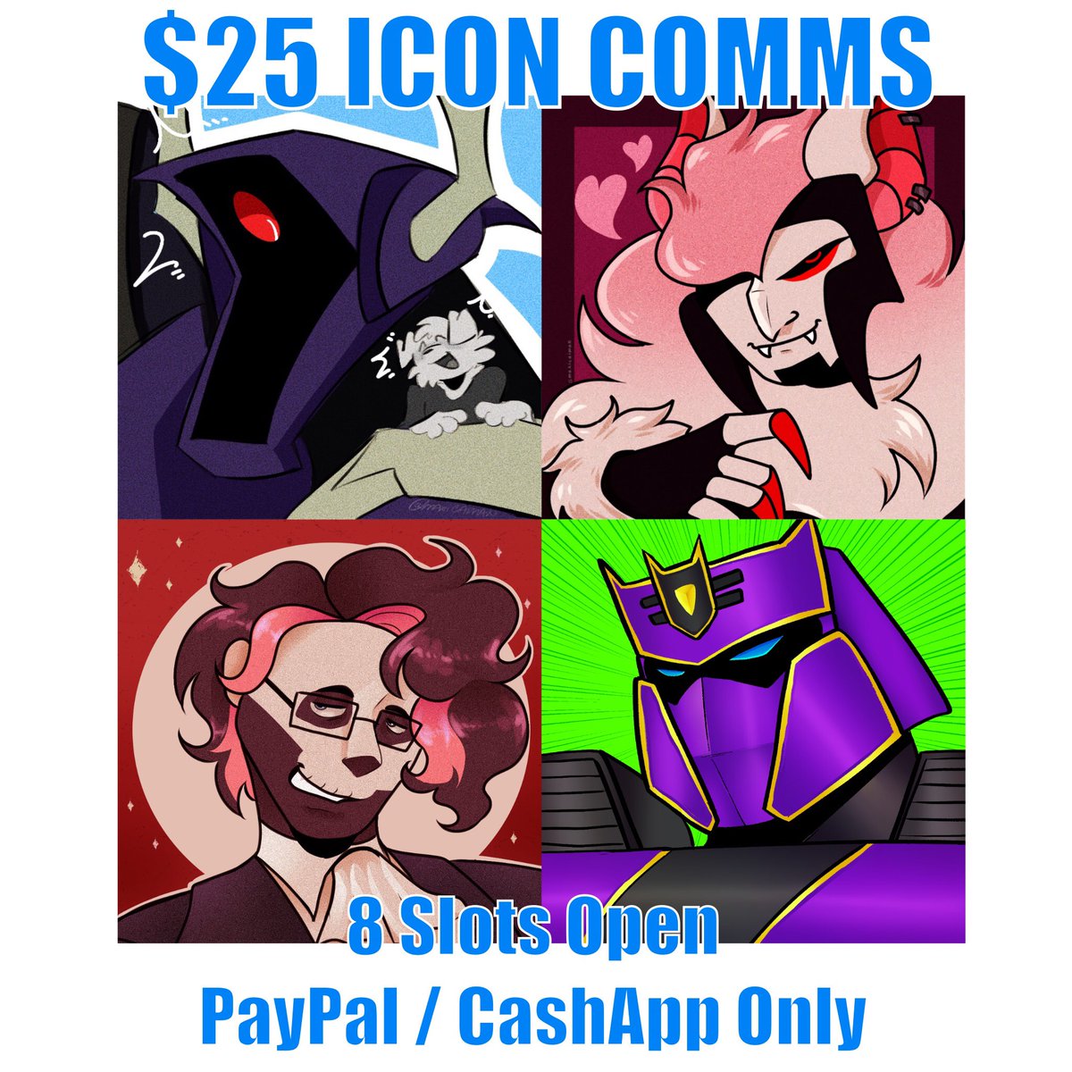 maxicaiman's tweet photo. opening up icon commissions, 8 slots per month!! dm me if interested, and sharing is always appreciated!!
#CommissionSheet #IconCommissions #Commissions #ArtistOnTwitter #Transformers https://t.co/BvpyRK1pJJ