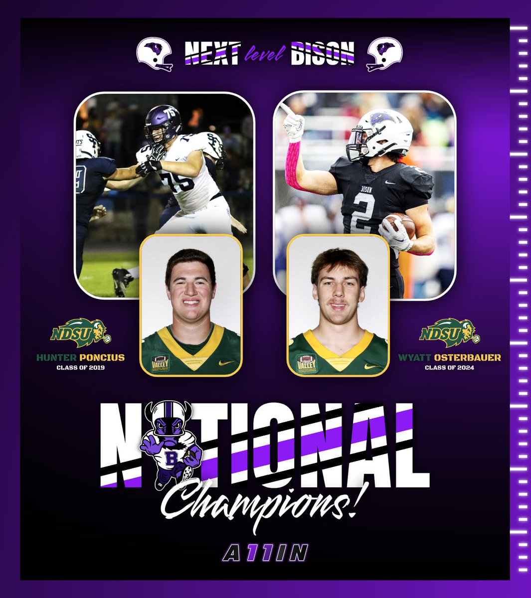 Bison Football (@gobisonfootball) on Twitter photo π‘ππ§ππ’π‘ππ ππππ π£π¦ ππ
Congrats to two of our <a href="/BHSBison/">Buffalo Bison</a> alum on winning the NCAA FCS National Title with <a href="/NDSUfootball/">NDSU Football</a> last night!
β« Hunter Poncius, Class of 2019
β« Wyatt Osterbauer, Class of 2024
#NextLevelBison π¦¬π π‘ππ§ππ’π‘ππ ππππ π£π¦ ππ
Congrats to two of our <a href="/BHSBison/">Buffalo Bison</a> alum on winning the NCAA FCS National Title with <a href="/NDSUfootball/">NDSU Football</a> last night!
β« Hunter Poncius, Class of 2019
β« Wyatt Osterbauer, Class of 2024
#NextLevelBison π¦¬π