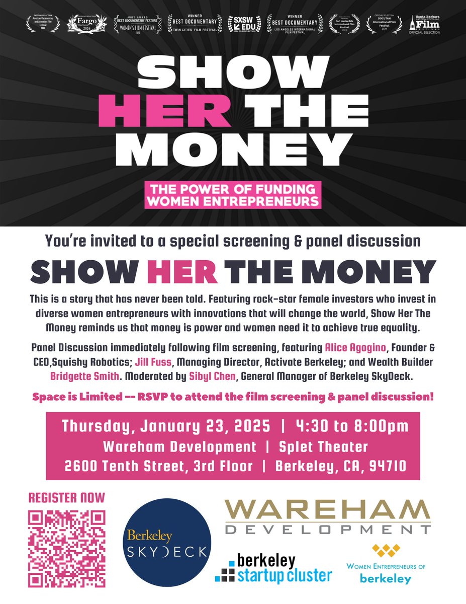 Berkeley SkyDeck (@skydeck_cal) on Twitter photo 🤔Female founders received just 2.2% of VC funding in H1 2024. Let's change that! Join this empowering event featuring:
🎬Documentary screening
🎤Panel & networking w/ women in tech
🗓Jan. 23, Berkeley
✅RSVP: tinyurl.com/yww9k266
<a href="/jillfuss/">Dr. Jill Fuss</a> <a href="/agogino/">Alice M. Agogino</a> <a href="/DrArtunduaga/">Maria Artunduaga, MD, MPH, MTM</a> <a href="/BerkStartups/">Berkeley Startup Cluster</a> 🤔Female founders received just 2.2% of VC funding in H1 2024. Let's change that! Join this empowering event featuring:
🎬Documentary screening
🎤Panel & networking w/ women in tech
🗓Jan. 23, Berkeley
✅RSVP: tinyurl.com/yww9k266
<a href="/jillfuss/">Dr. Jill Fuss</a> <a href="/agogino/">Alice M. Agogino</a> <a href="/DrArtunduaga/">Maria Artunduaga, MD, MPH, MTM</a> <a href="/BerkStartups/">Berkeley Startup Cluster</a>