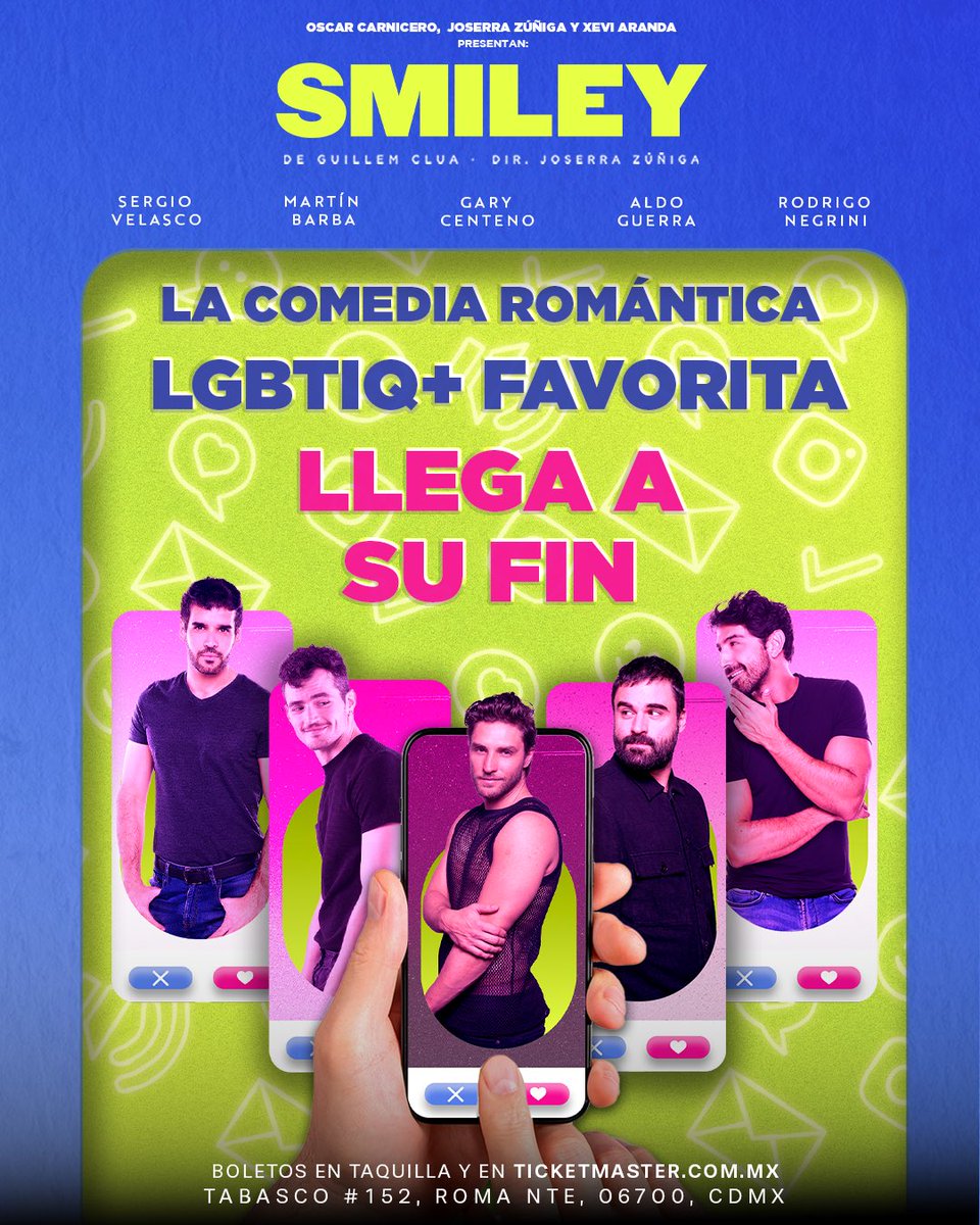 Iniciamos la cuenta regresiva para anunciar el final de temporada de la comedia romántica LGBTIQ+ favorita del público ❤️‍🔥

#SMILEY 

¡No te pierdas sus últimas funciones!
Compra tus boletos a un precio especial en nuestra #Preventa 🔥

🗓️jueves 8:30 pm 
🎟️ shops.ticketmasterpartners.com/smileyprom50