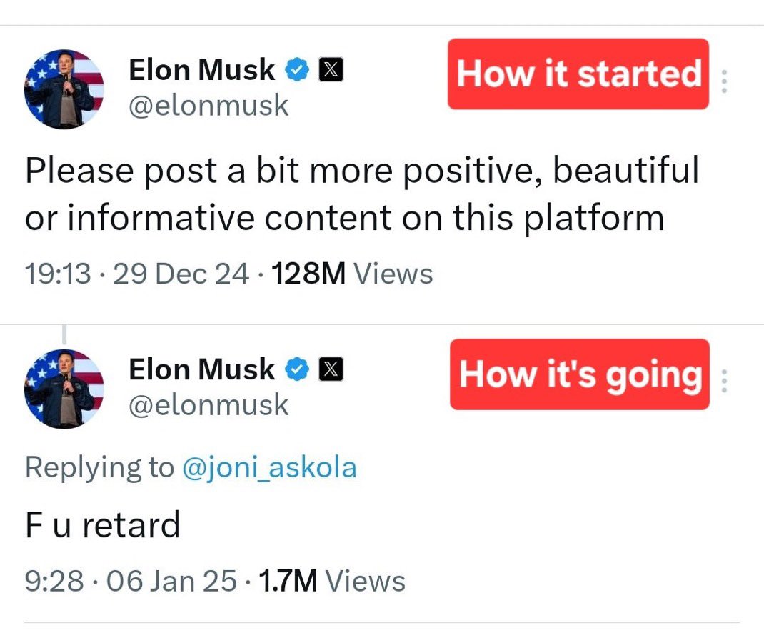Elon Musk: From 'Please be kind' to 'Hold my beer' in just over a week.